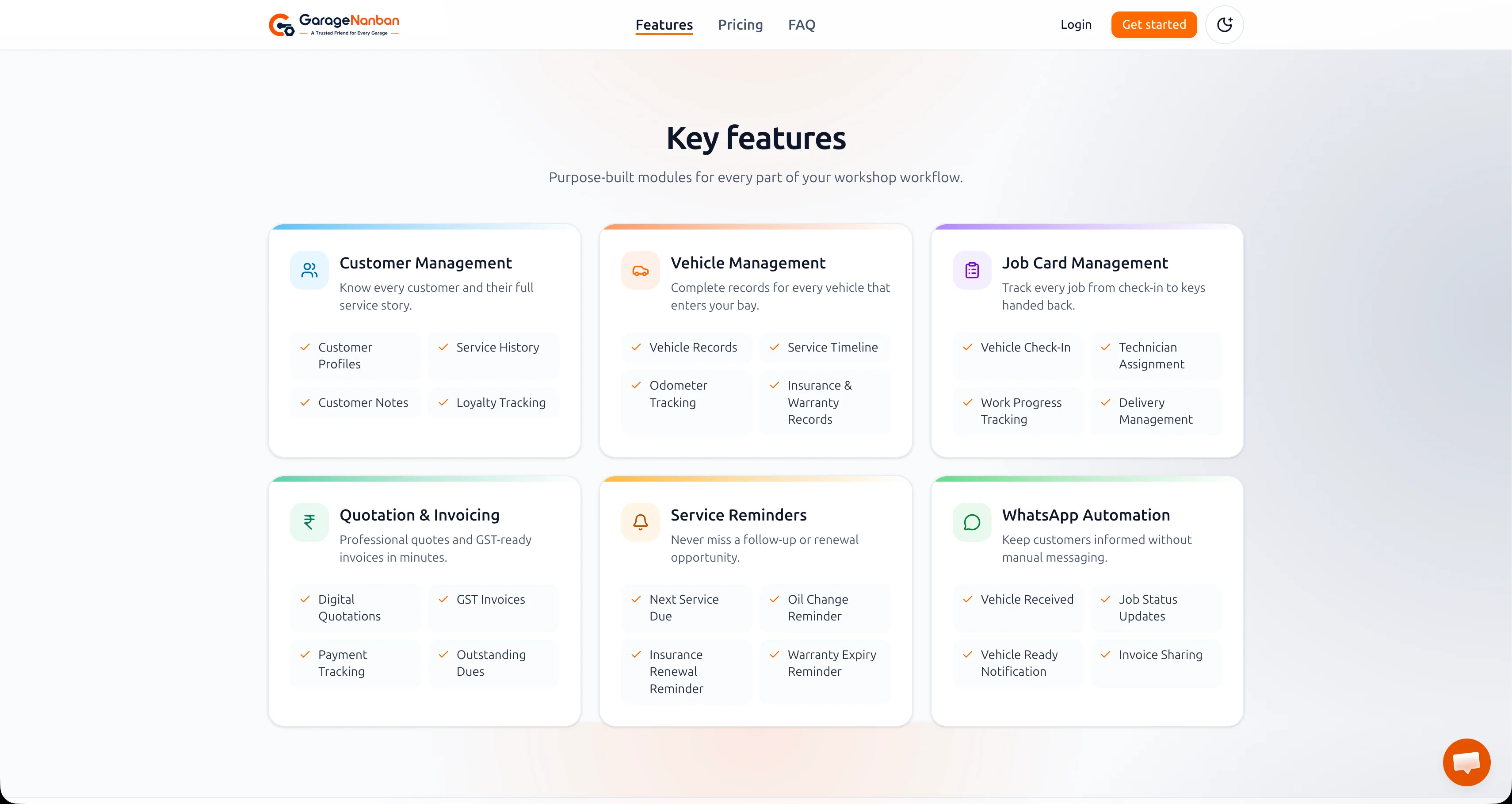 Garage Nanban key features — customer, vehicle, job card, invoicing, reminders, WhatsApp